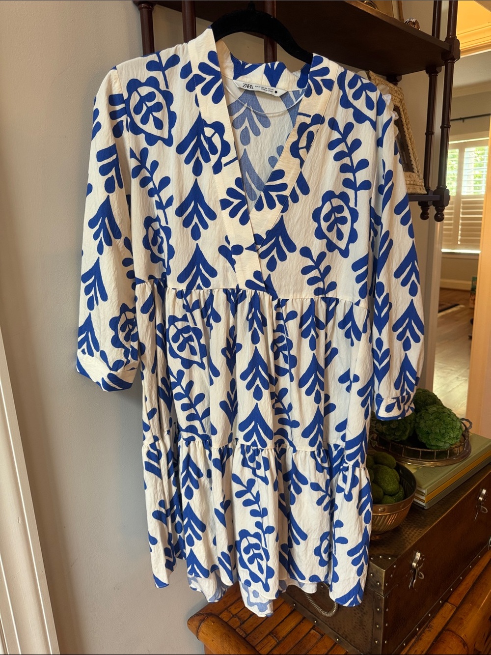 Zara Cream Dress with Bold Blue Floral Print